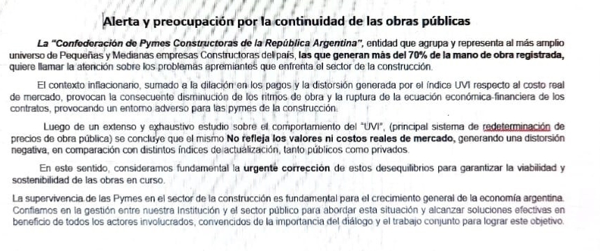 COMUNICADO DE PRENSA DE  LA CONFEDERACION DE PYMES CONSTRUCTORAS 